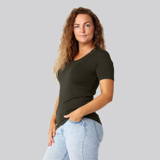 Bambus t-shirt v-hals i mørkegrøn damer