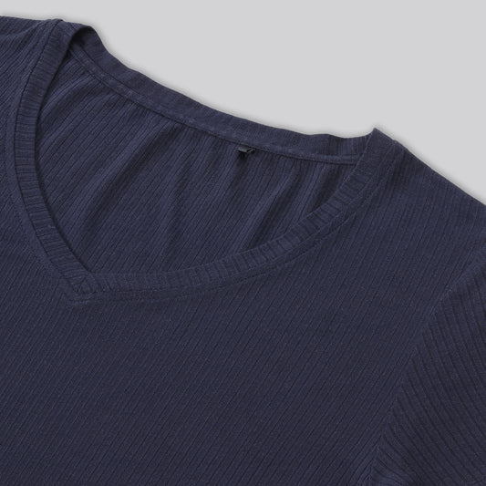 Bambus t-shirt v-hals ribbet i navy til damer