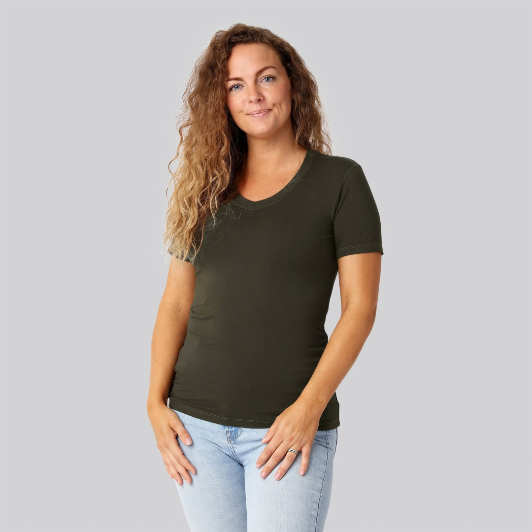 Bambus t-shirt v-hals mørkegrøn damer