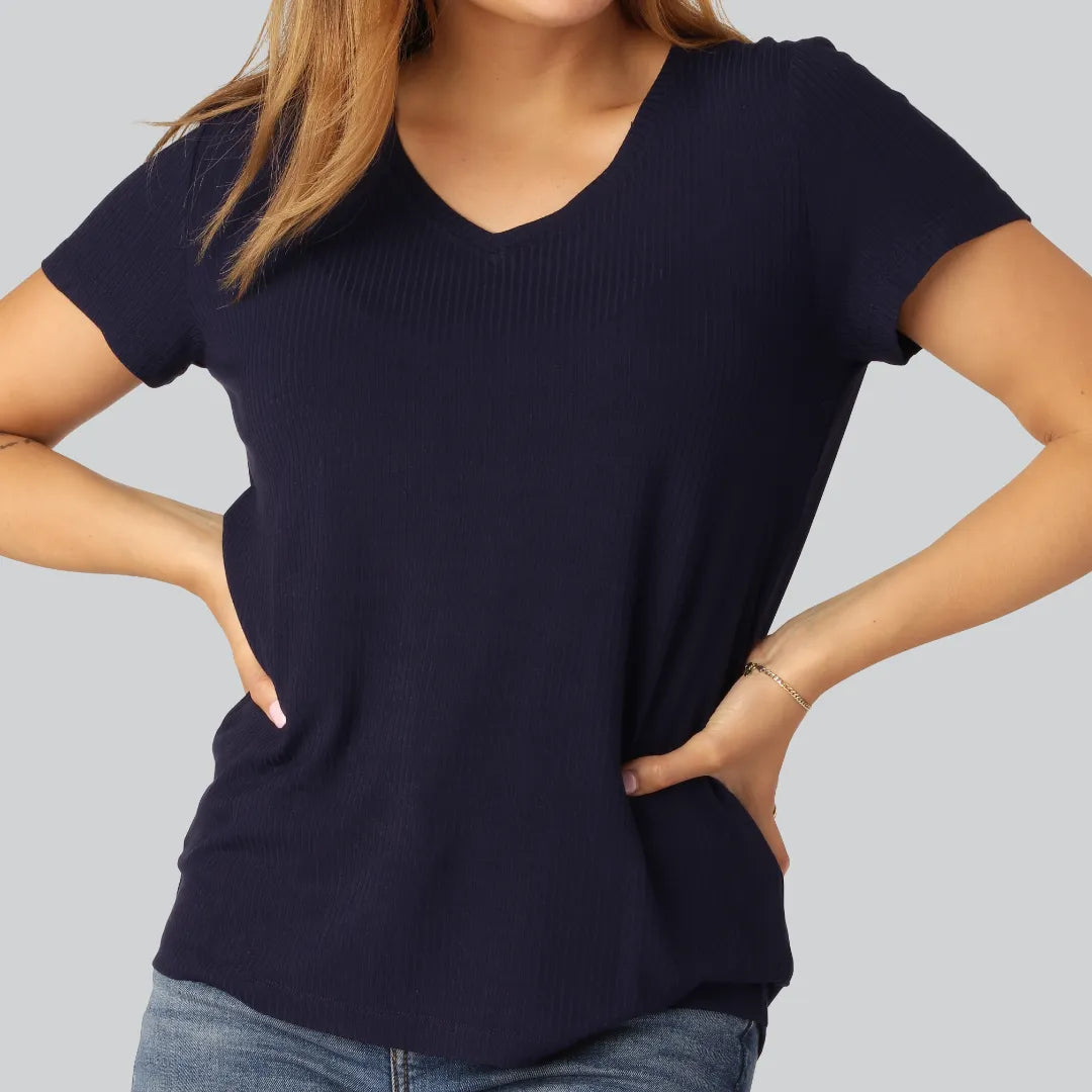 Bambus t-shirt v-hals ribbet i navy til damer