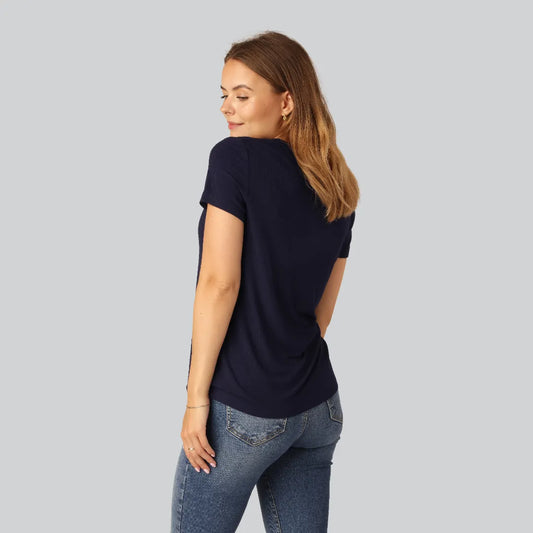 Bambus t-shirt v-hals ribbet i navy til damer