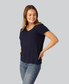 Bambus t-shirt v-hals ribbet i navy til damer