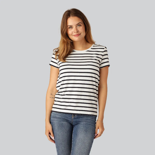 Bambus t-shirt o-hals stribet i navy/beige til damer