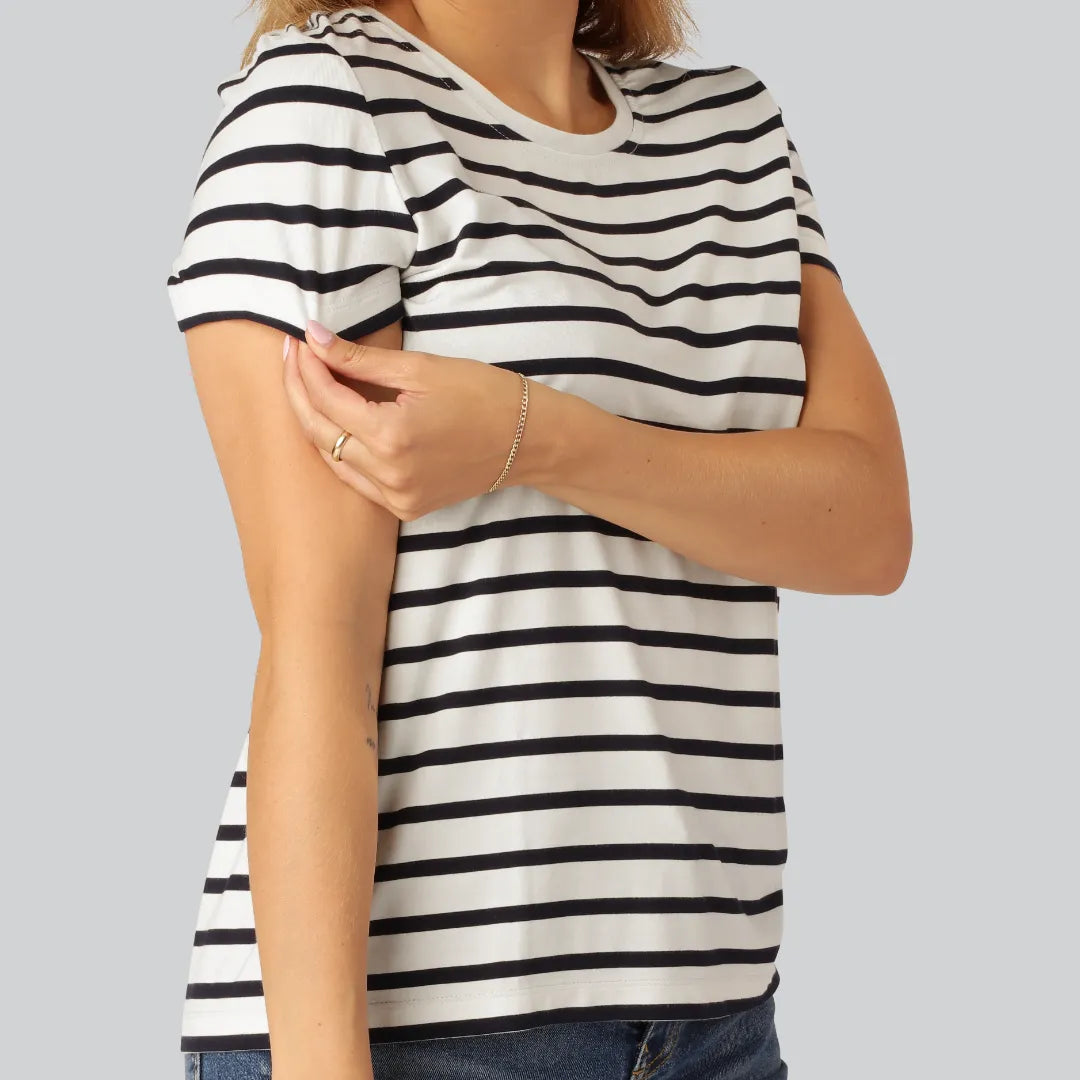 Bambus t-shirt o-hals stribet i navy/beige til damer