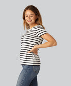 Bambus t-shirt o-hals stribet i navy/beige til damer