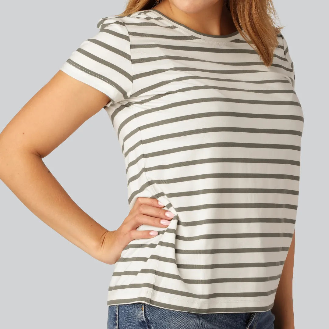 Bambus t-shirt o-hals stribet i oliven/beige til damer