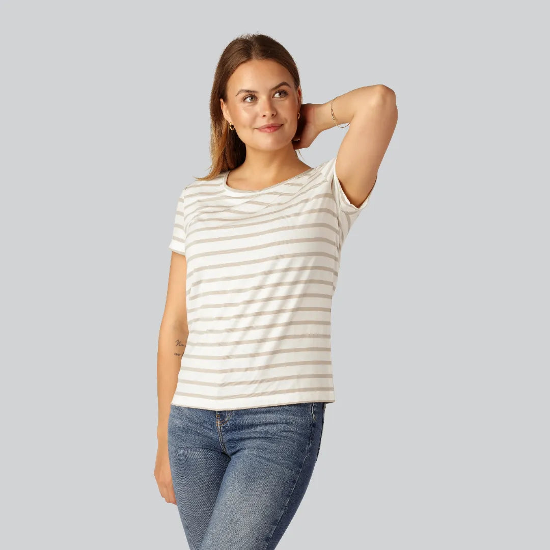 Bambus t-shirt o-hals stribet i sand/beige til damer